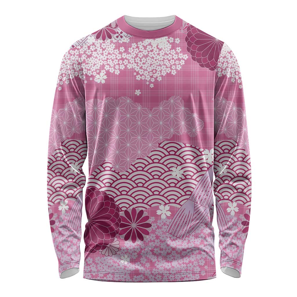 Pink Palaka Japanese Patterns Long Sleeve Shirt Asanoha Seigaiha Sakura Motif LT14 Unisex Pink - Polynesian Pride