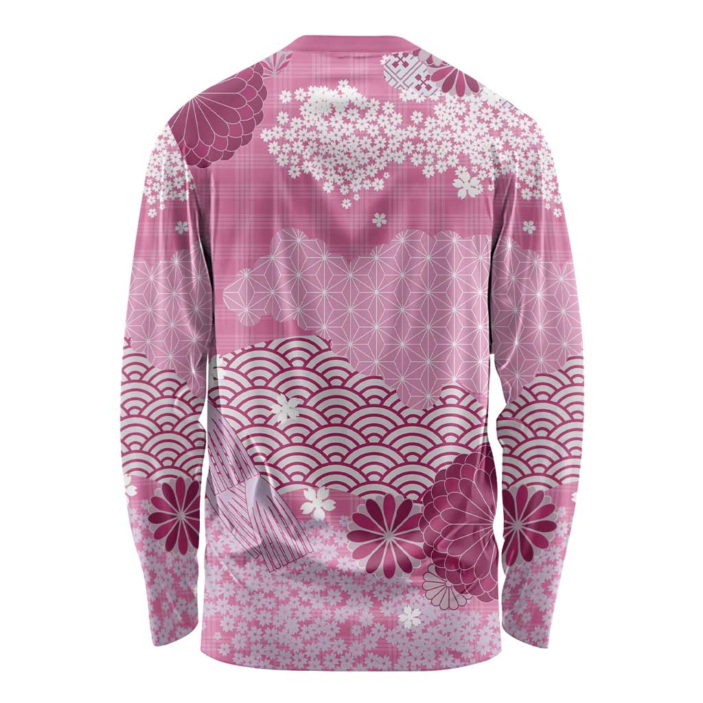 Pink Palaka Japanese Patterns Long Sleeve Shirt Asanoha Seigaiha Sakura Motif LT14 - Polynesian Pride