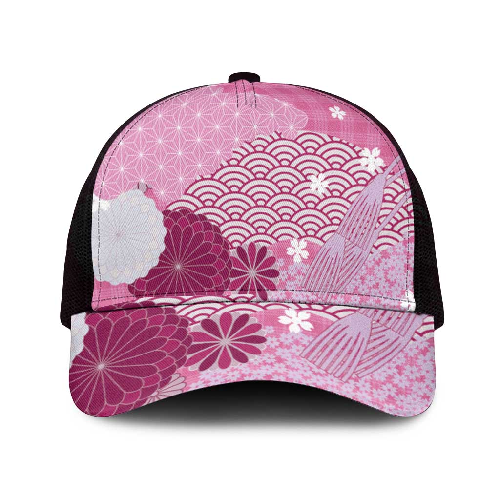 Pink Japanese Traditional Motifs Mesh Trucker Cap Palaka With Asanoha Seigaiha Sakura - Polynesian Pride