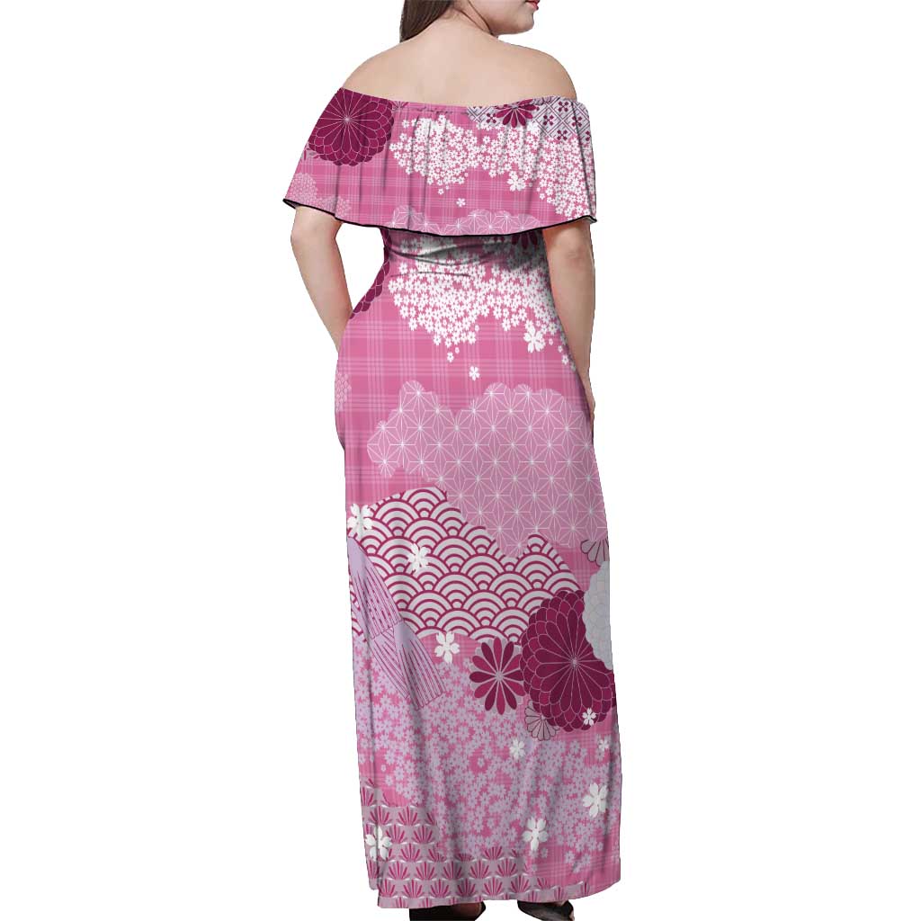 Pink Palaka Japanese Patterns Off Shoulder Maxi Dress Asanoha Seigaiha Sakura Motif - Polynesian Pride