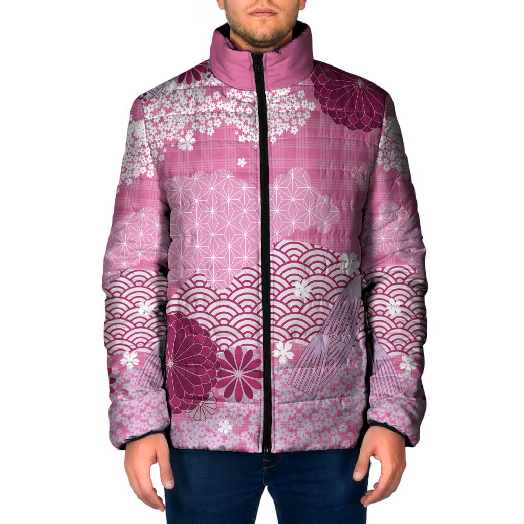 Pink Palaka Japanese Patterns Padded Jacket Asanoha Seigaiha Sakura Motif LT14 Men Pink - Polynesian Pride