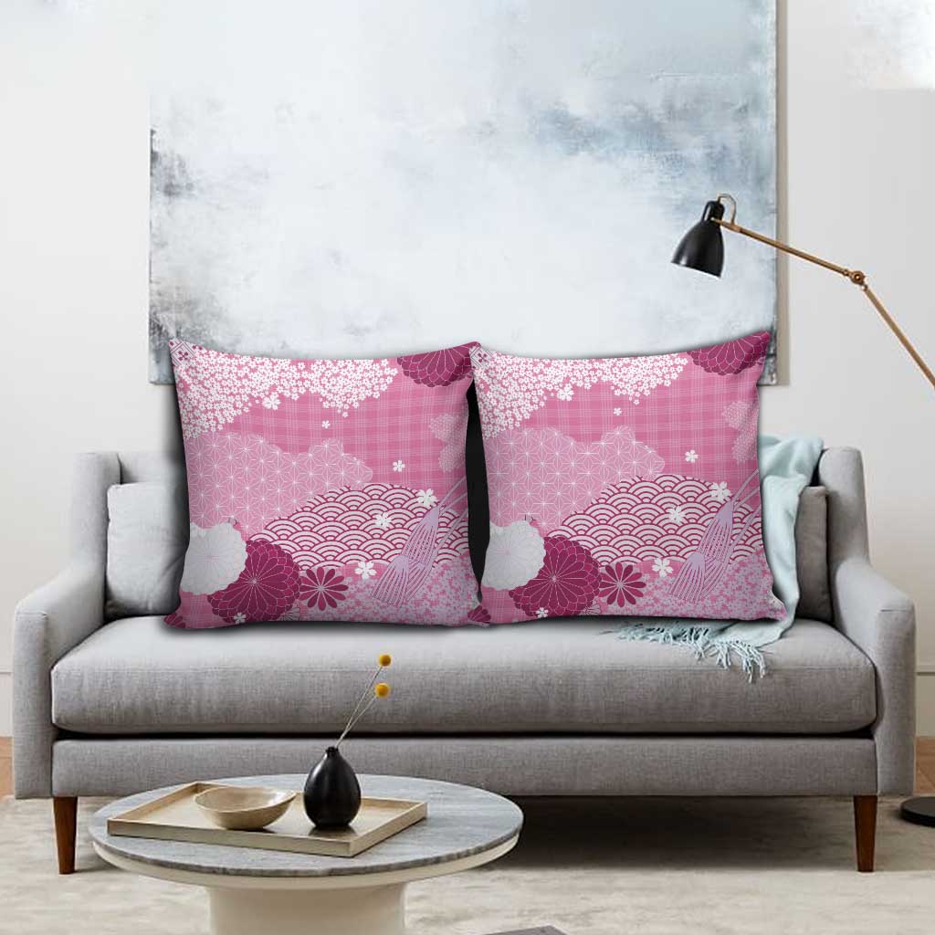 Pink Palaka Japanese Patterns Pillow Cover Asanoha Seigaiha Sakura Motif - Polynesian Pride