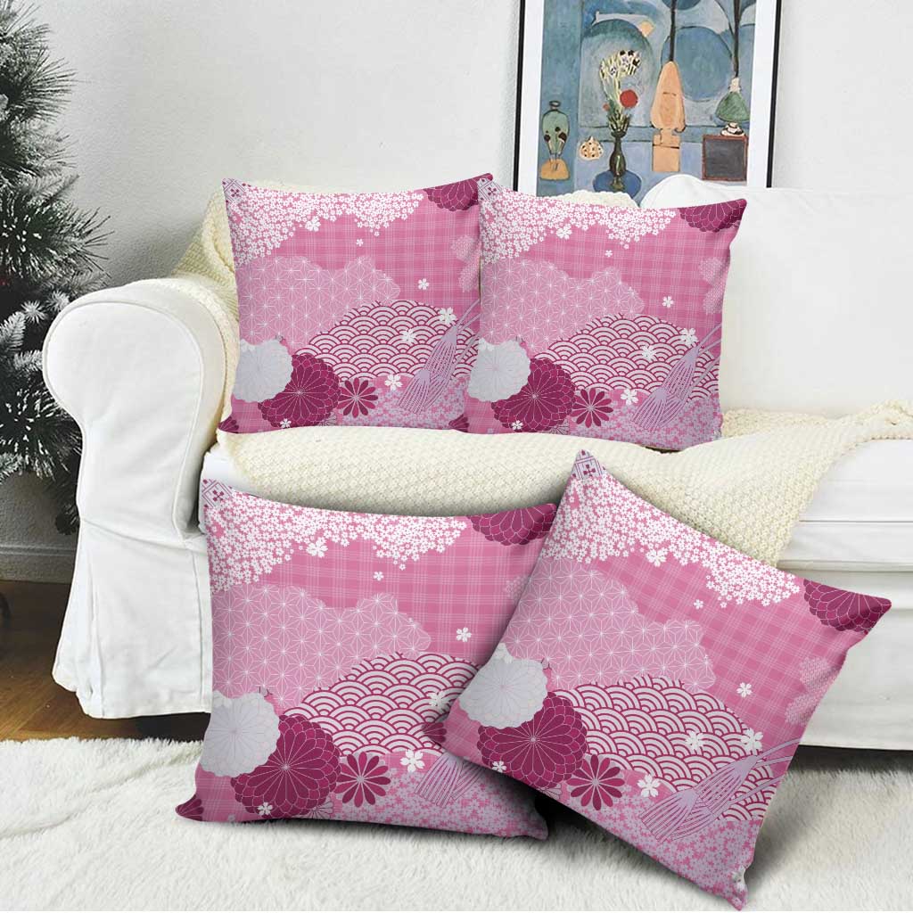 Pink Palaka Japanese Patterns Pillow Cover Asanoha Seigaiha Sakura Motif - Polynesian Pride