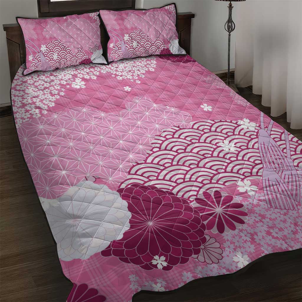 Pink Palaka Japanese Patterns Quilt Bed Set Asanoha Seigaiha Sakura Motif LT14 Pink - Polynesian Pride
