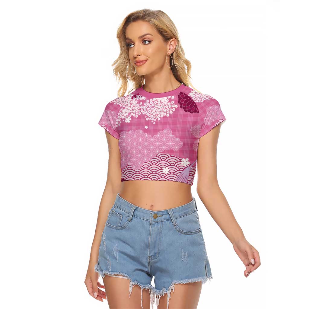Pink Palaka Japanese Patterns Raglan Cropped T Shirt Asanoha Seigaiha Sakura Motif LT14 Female Pink - Polynesian Pride
