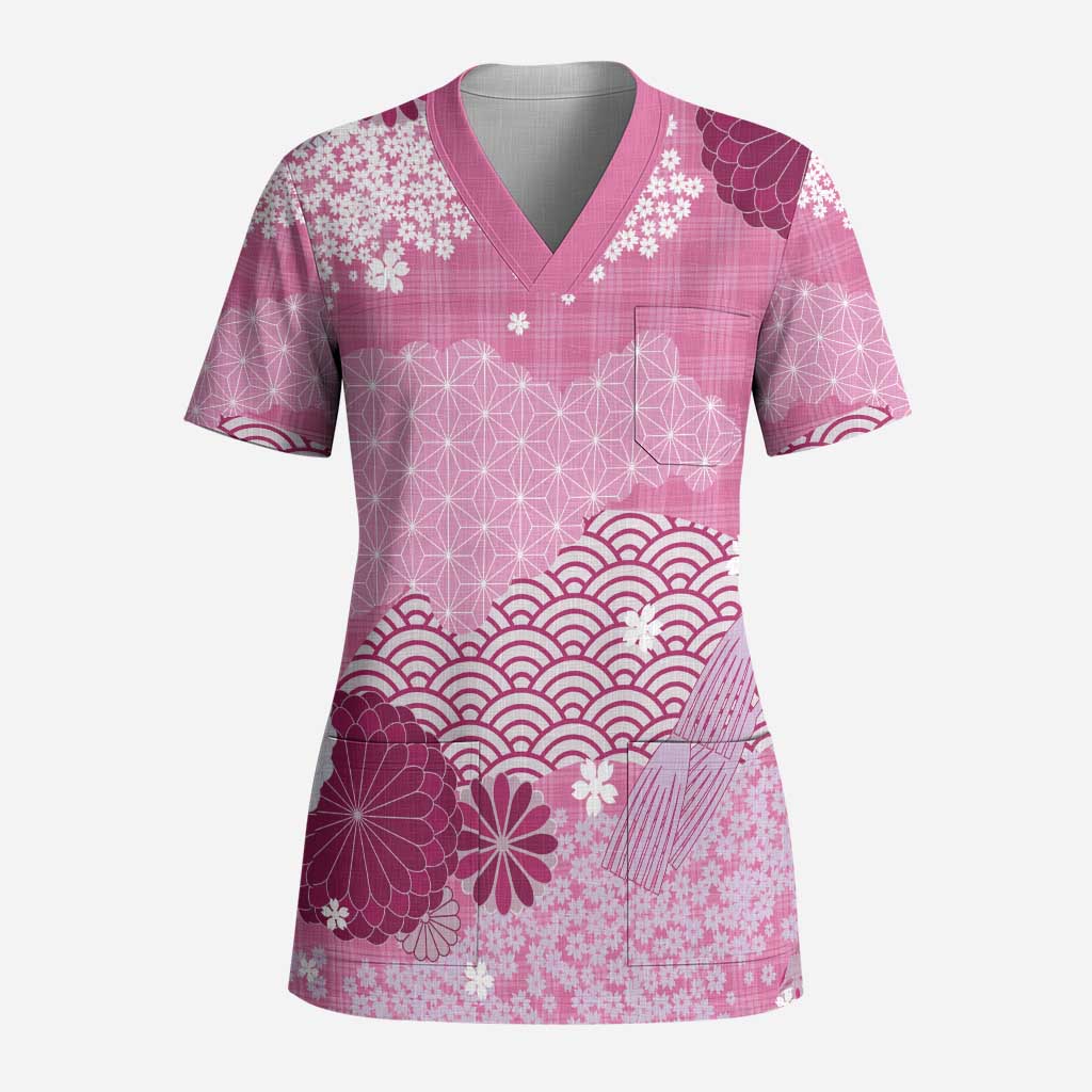 Pink Palaka Japanese Patterns Scrub Top Asanoha Seigaiha Sakura Motif - Polynesian Pride