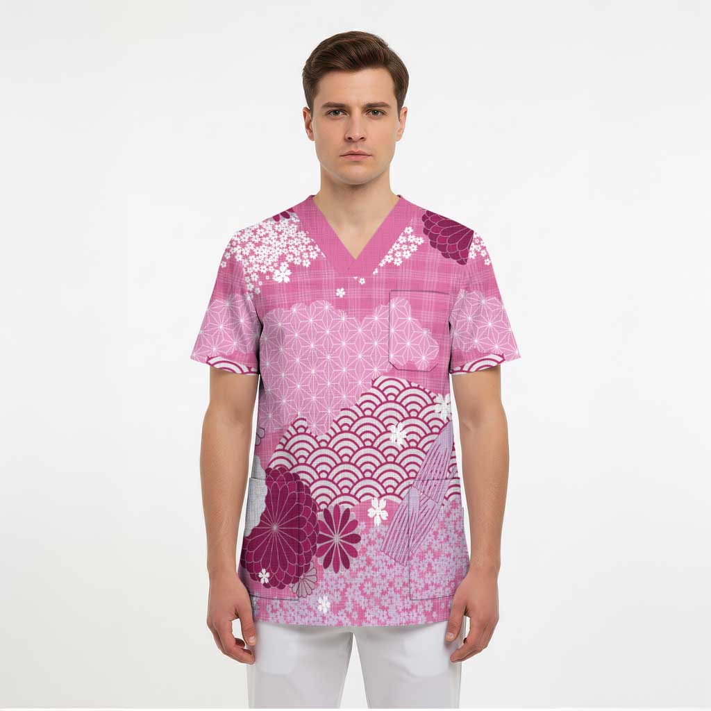 Pink Palaka Japanese Patterns Scrub Top Asanoha Seigaiha Sakura Motif - Polynesian Pride