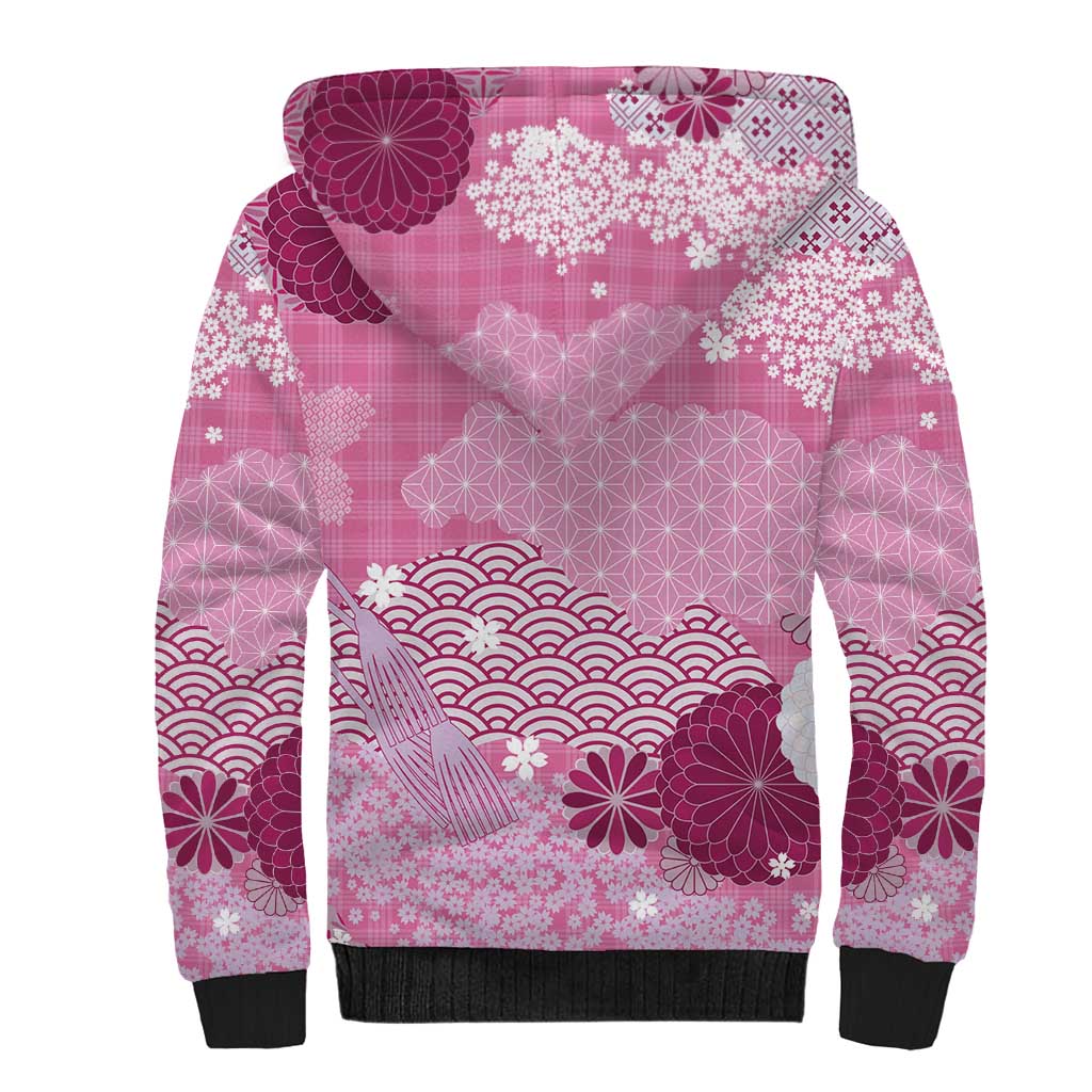Pink Palaka Japanese Patterns Sherpa Hoodie Asanoha Seigaiha Sakura Motif - Polynesian Pride
