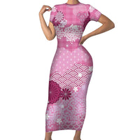 Pink Palaka Japanese Patterns Short Sleeve Bodycon Dress Asanoha Seigaiha Sakura Motif - Polynesian Pride