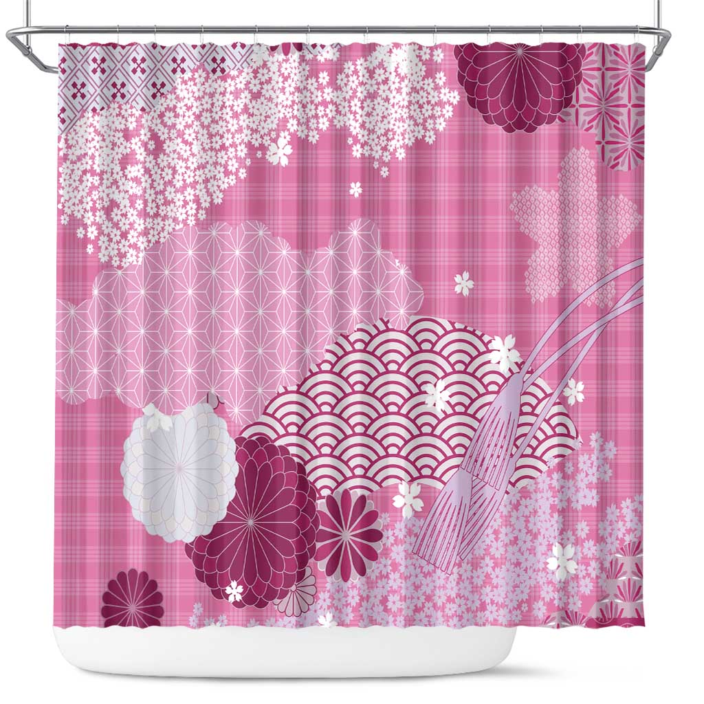 Pink Palaka Japanese Patterns Shower Curtain Asanoha Seigaiha Sakura Motif LT14 Pink - Polynesian Pride