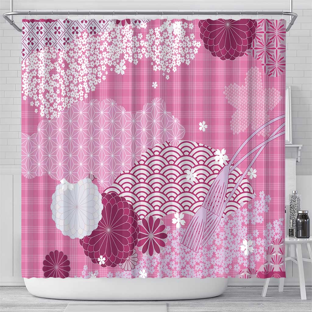 Pink Palaka Japanese Patterns Shower Curtain Asanoha Seigaiha Sakura Motif - Polynesian Pride