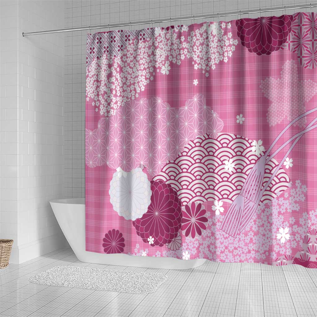 Pink Palaka Japanese Patterns Shower Curtain Asanoha Seigaiha Sakura Motif - Polynesian Pride
