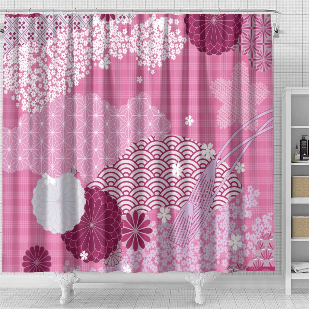 Pink Palaka Japanese Patterns Shower Curtain Asanoha Seigaiha Sakura Motif - Polynesian Pride