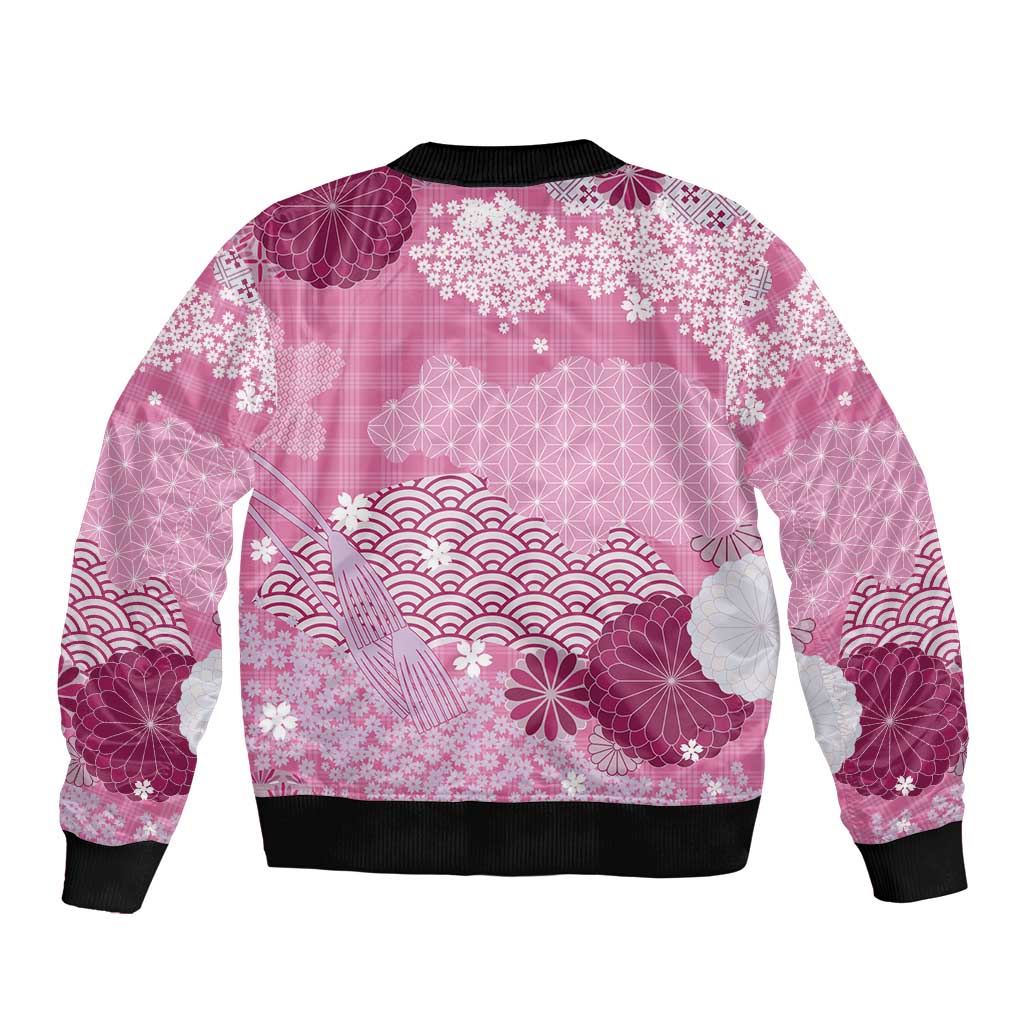 Pink Palaka Japanese Patterns Sleeve Zip Bomber Jacket Asanoha Seigaiha Sakura Motif - Polynesian Pride
