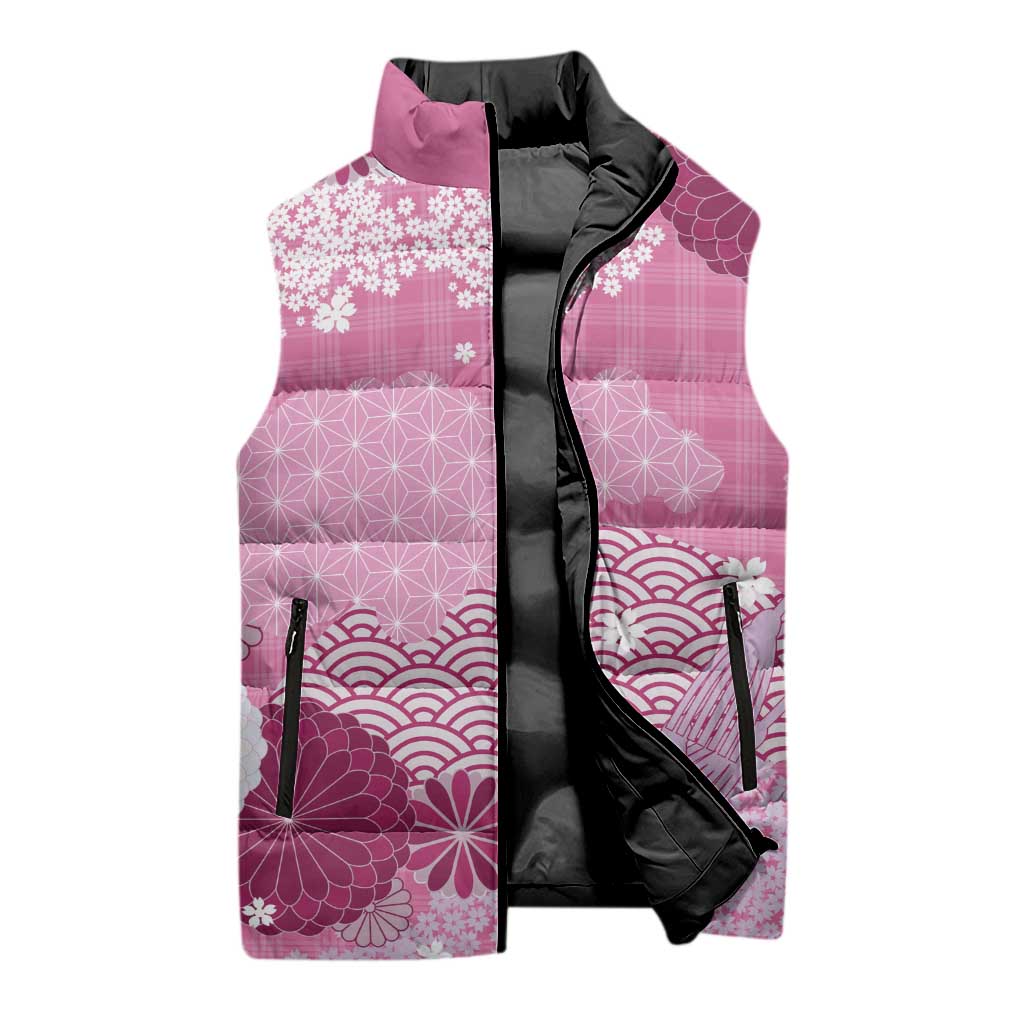 Pink Palaka Japanese Patterns Sleeveless Puffer Jacket Asanoha Seigaiha Sakura Motif LT14 - Polynesian Pride