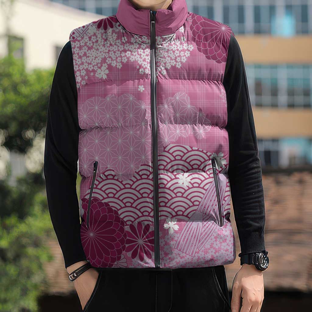 Pink Palaka Japanese Patterns Sleeveless Puffer Jacket Asanoha Seigaiha Sakura Motif LT14 - Polynesian Pride