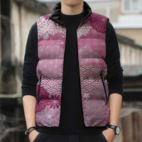 Pink Palaka Japanese Patterns Sleeveless Puffer Jacket Asanoha Seigaiha Sakura Motif LT14 - Polynesian Pride