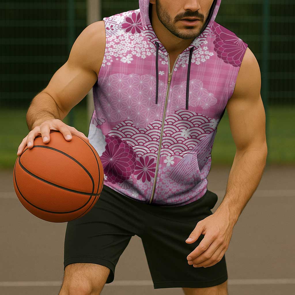 Pink Palaka Japanese Patterns Sleeveless Zip Hoodie Asanoha Seigaiha Sakura Motif - Polynesian Pride