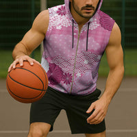 Pink Palaka Japanese Patterns Sleeveless Zip Hoodie Asanoha Seigaiha Sakura Motif - Polynesian Pride