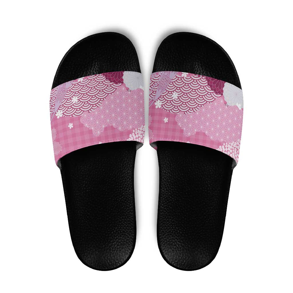 Pink Palaka Japanese Patterns Slide Sandals Asanoha Seigaiha Sakura Motif LT14 Pink - Polynesian Pride
