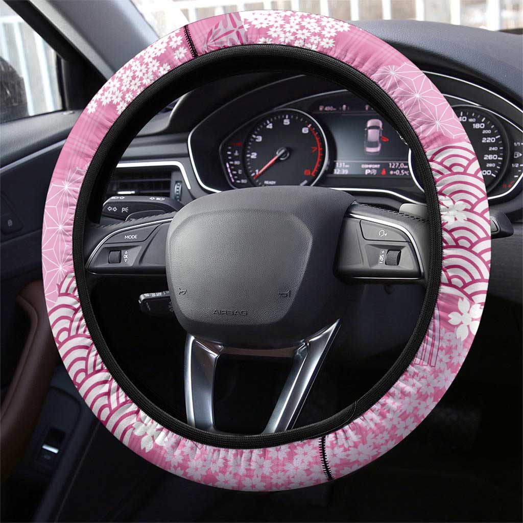 Pink Palaka Japanese Patterns Steering Wheel Cover Asanoha Seigaiha Sakura Motif - Polynesian Pride