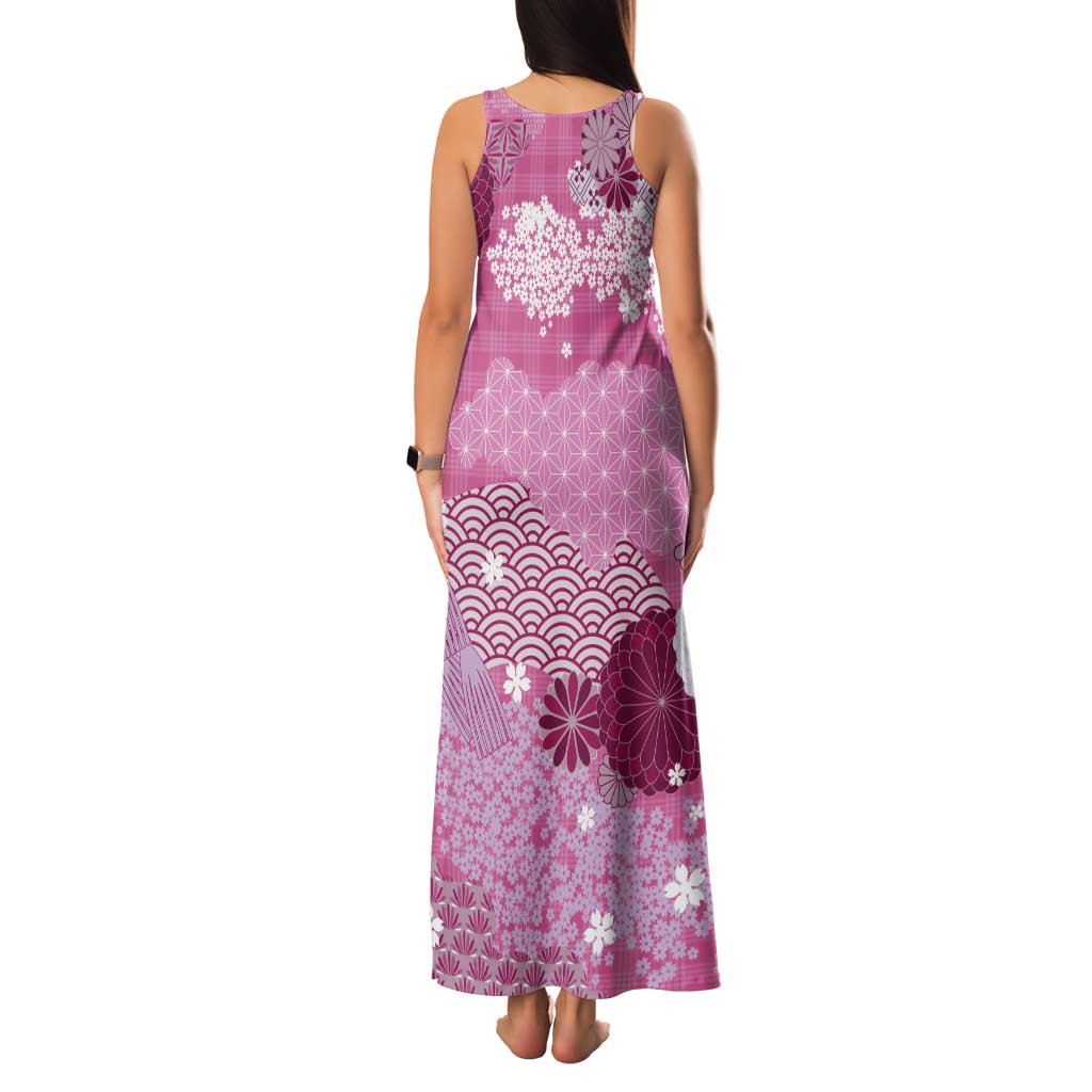 Pink Palaka Japanese Patterns Tank Maxi Dress Asanoha Seigaiha Sakura Motif - Polynesian Pride