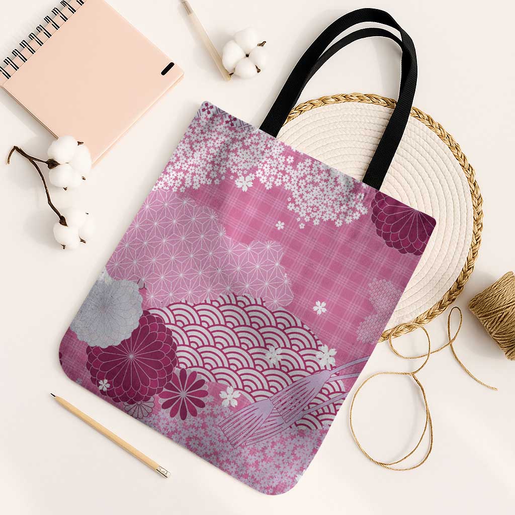 Pink Palaka Japanese Patterns Tote Bag Asanoha Seigaiha Sakura Motif LT14 Black Strap One Size Pink - Polynesian Pride