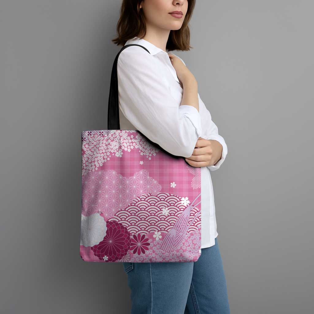 Pink Palaka Japanese Patterns Tote Bag Asanoha Seigaiha Sakura Motif - Polynesian Pride