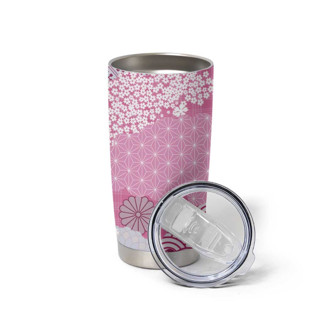 Pink Palaka Japanese Patterns Tumbler Cup Asanoha Seigaiha Sakura Motif - Polynesian Pride