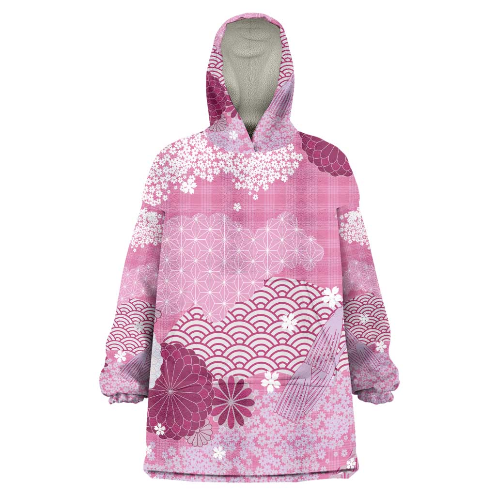 Pink Palaka Japanese Patterns Wearable Blanket Hoodie Asanoha Seigaiha Sakura Motif LT14 One Size Pink - Polynesian Pride