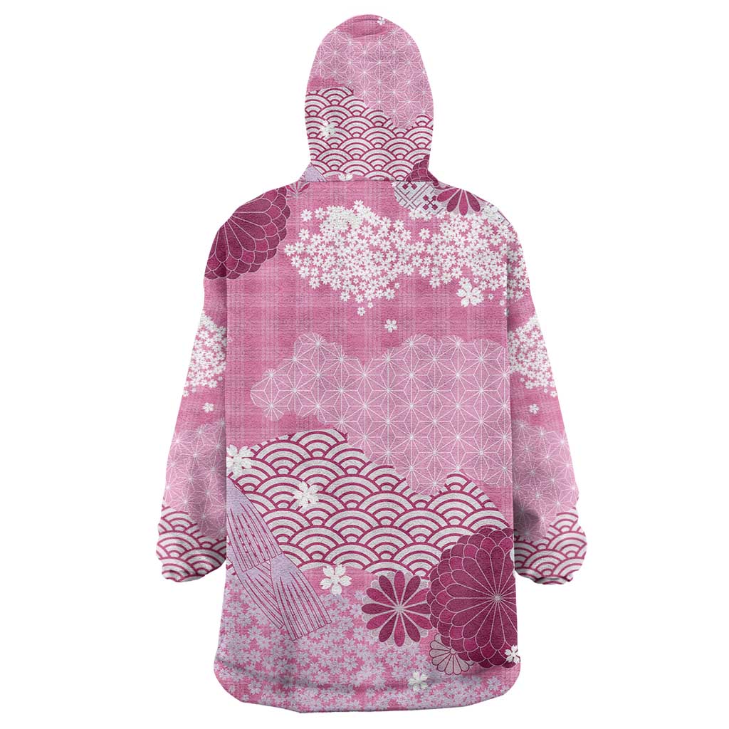 Pink Palaka Japanese Patterns Wearable Blanket Hoodie Asanoha Seigaiha Sakura Motif LT14 - Polynesian Pride