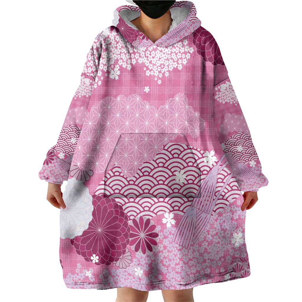 Pink Palaka Japanese Patterns Wearable Blanket Hoodie Asanoha Seigaiha Sakura Motif LT14 - Polynesian Pride