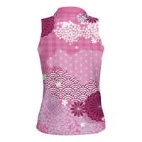 Pink Palaka Japanese Patterns Women Sleeveless Polo Shirt Asanoha Seigaiha Sakura Motif - Polynesian Pride