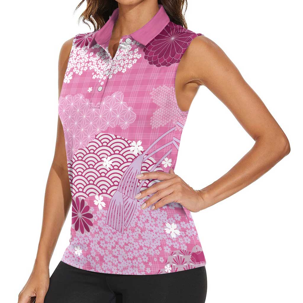 Pink Palaka Japanese Patterns Women Sleeveless Polo Shirt Asanoha Seigaiha Sakura Motif - Polynesian Pride