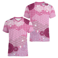 Pink Palaka Japanese Patterns Women V-Neck T-Shirt Asanoha Seigaiha Sakura Motif - Polynesian Pride