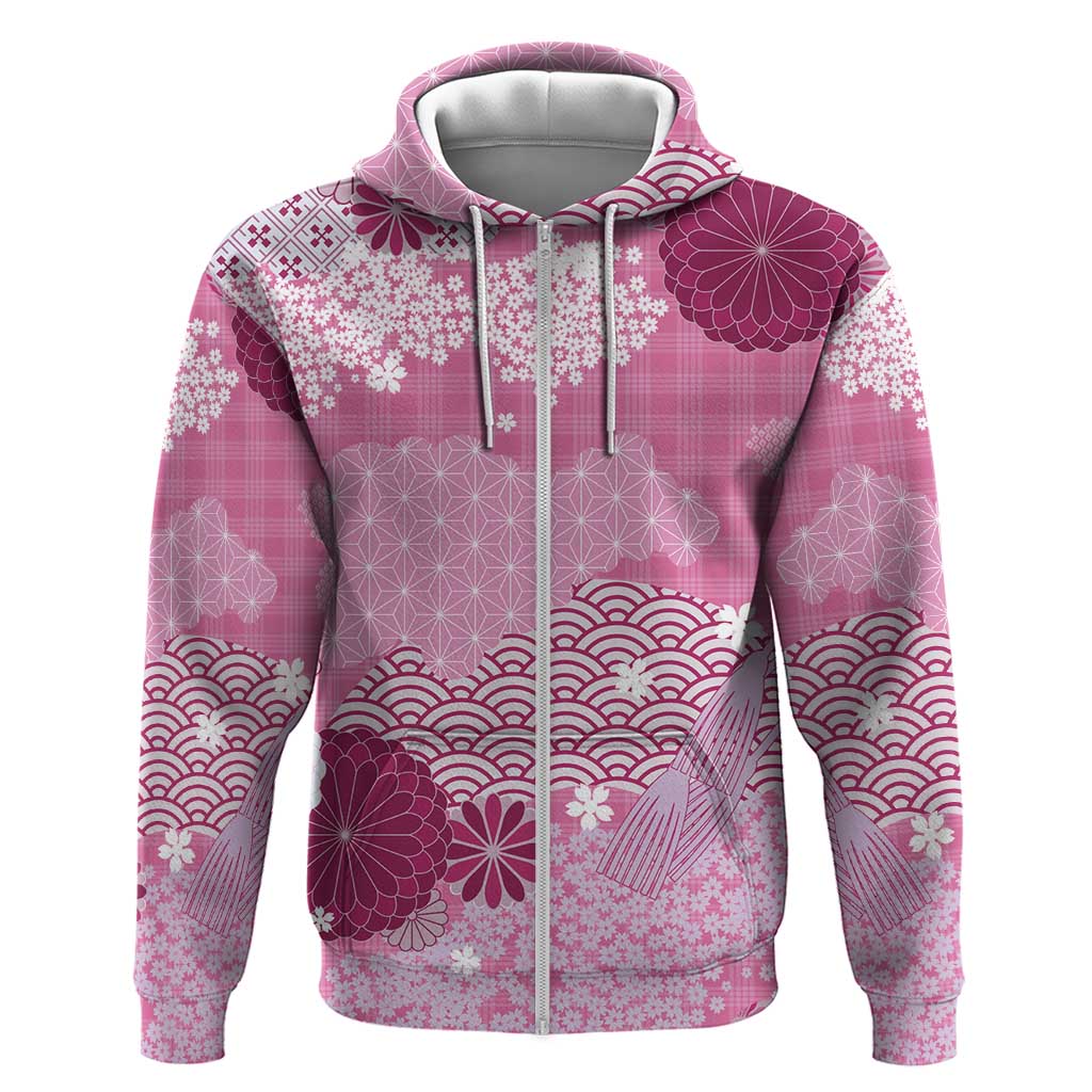 Pink Palaka Japanese Patterns Zip Hoodie Asanoha Seigaiha Sakura Motif LT14 Zip Hoodie Pink - Polynesian Pride