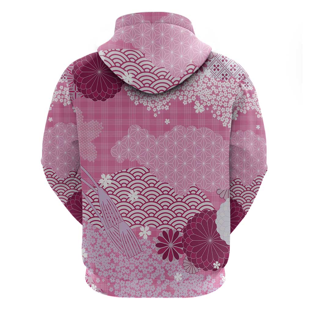 Pink Palaka Japanese Patterns Zip Hoodie Asanoha Seigaiha Sakura Motif - Polynesian Pride