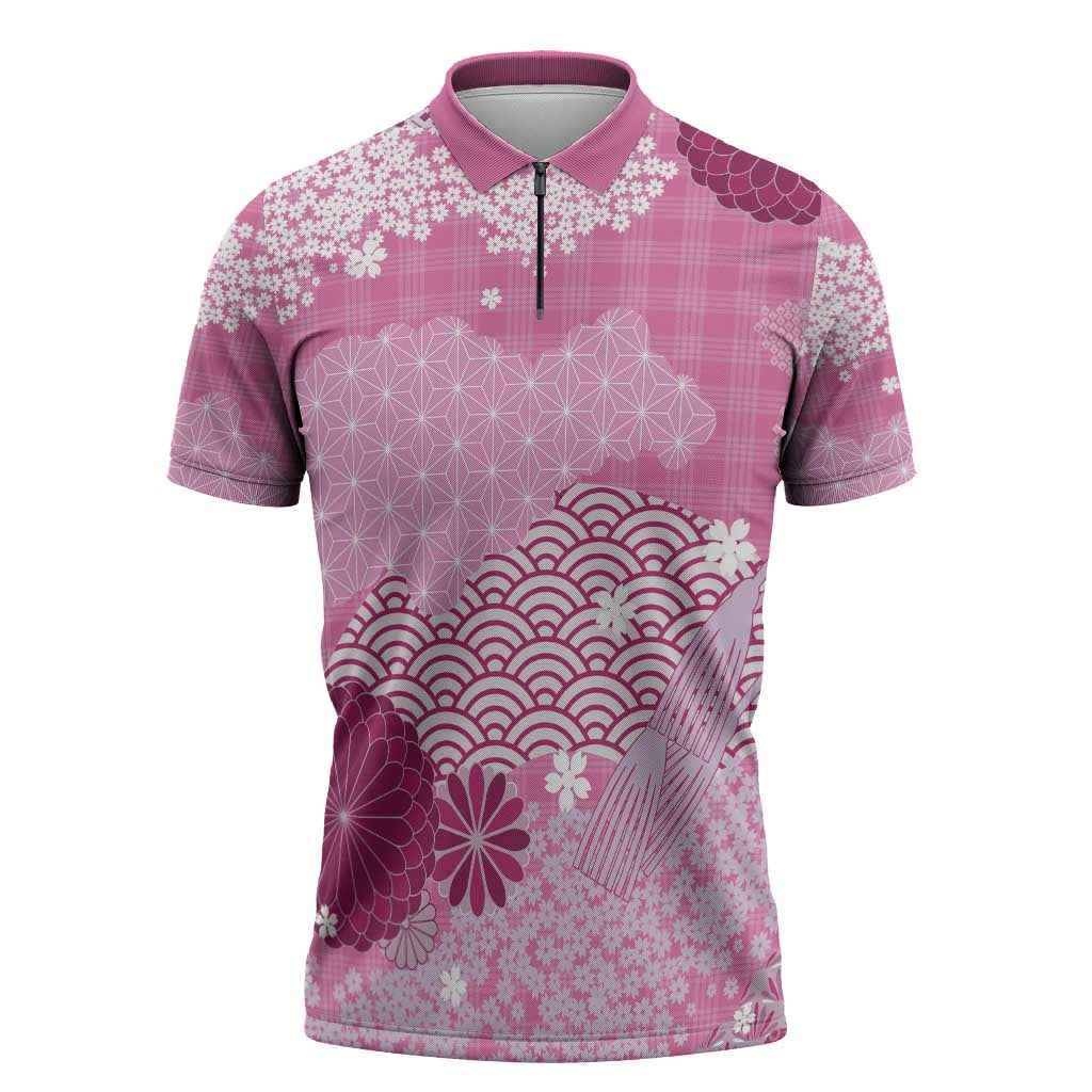 Pink Palaka Japanese Patterns Zipper Polo Shirt Asanoha Seigaiha Sakura Motif LT14 Pink - Polynesian Pride
