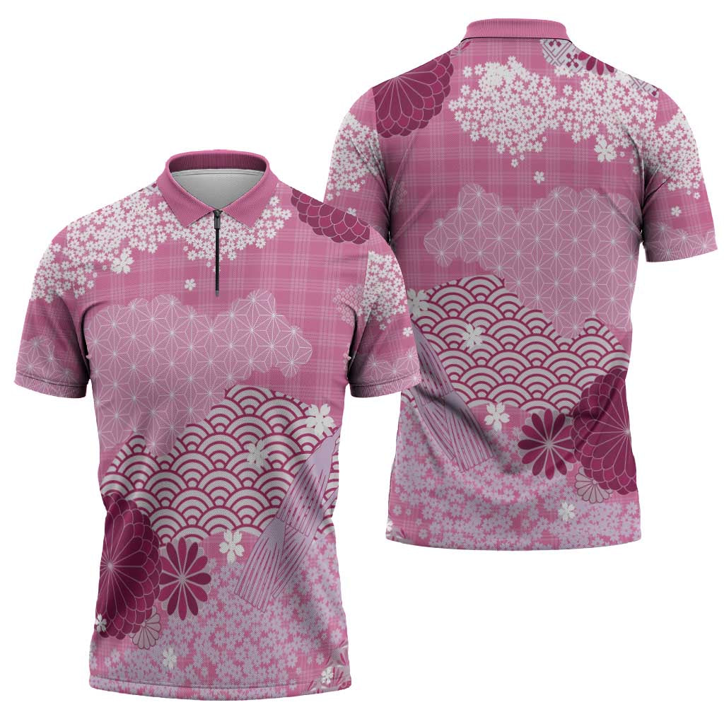 Pink Palaka Japanese Patterns Zipper Polo Shirt Asanoha Seigaiha Sakura Motif - Polynesian Pride