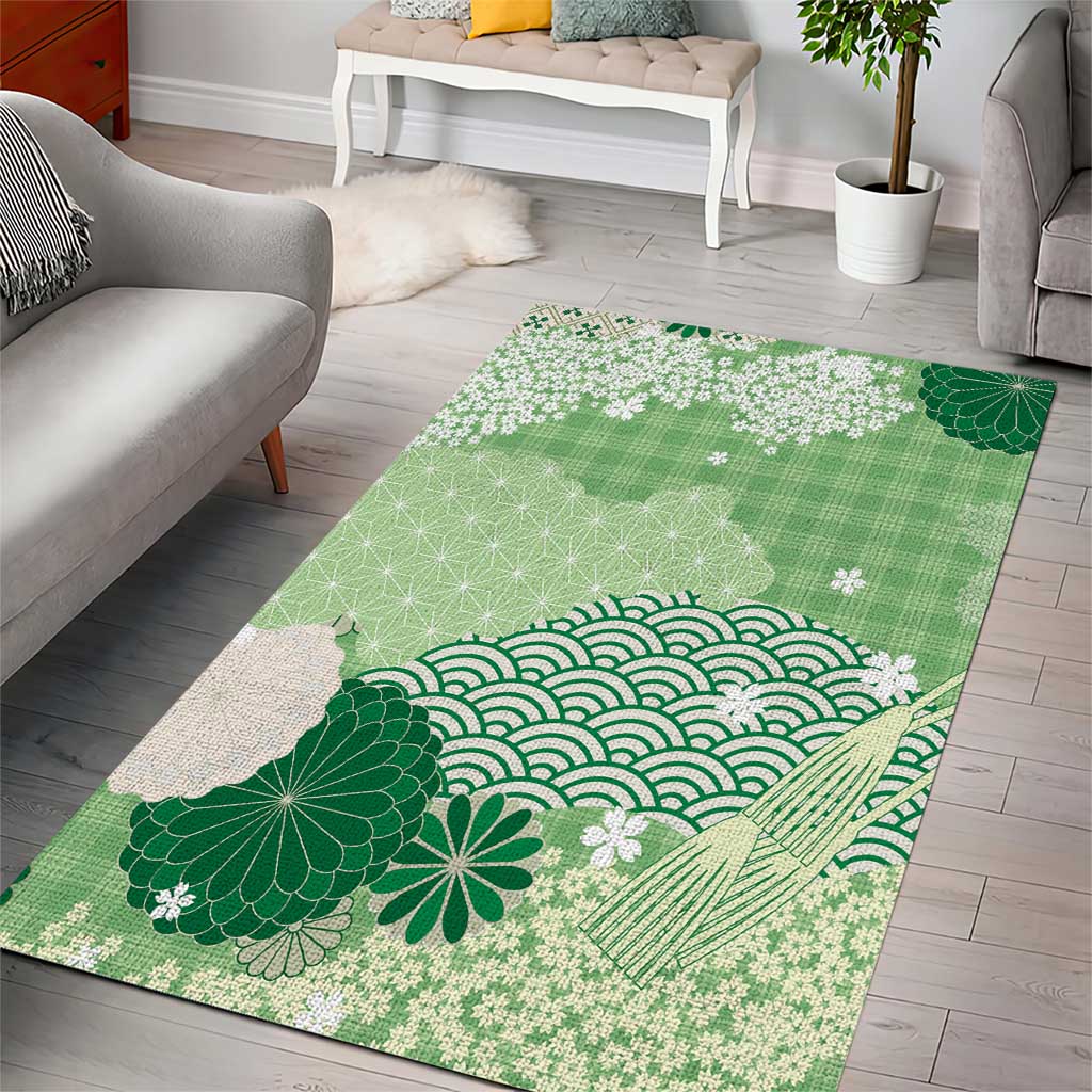 Green Palaka Japanese Patterns Area Rug Asanoha Seigaiha Sakura Motif - Polynesian Pride