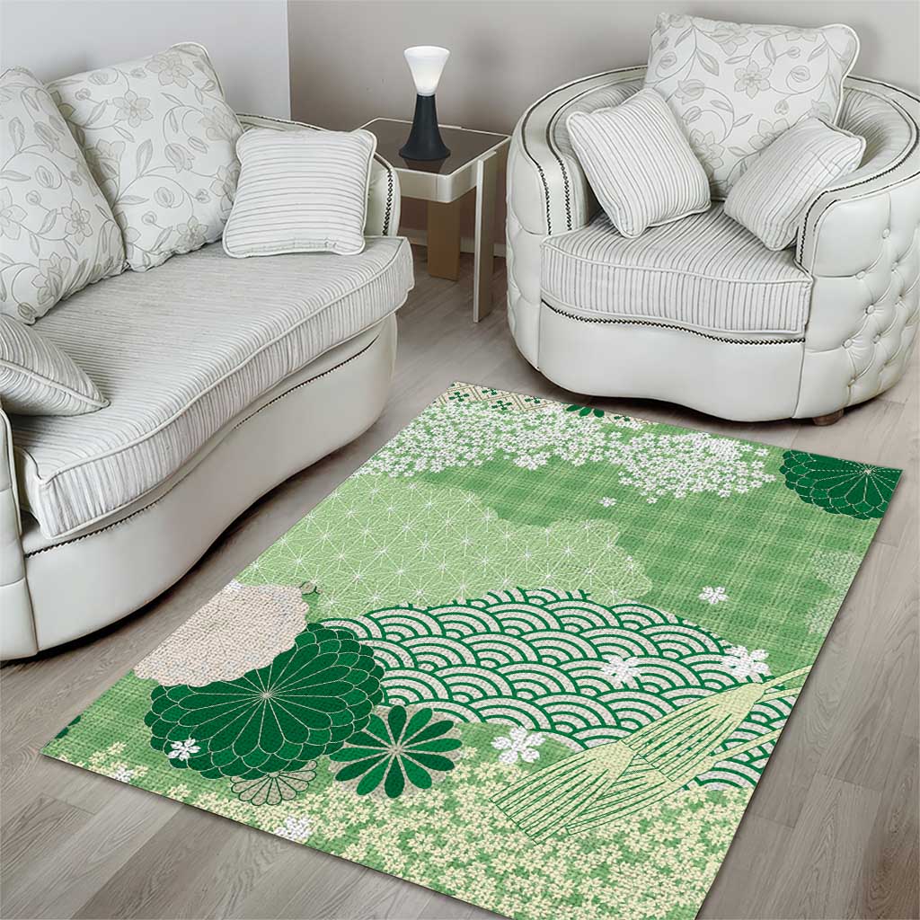 Green Palaka Japanese Patterns Area Rug Asanoha Seigaiha Sakura Motif - Polynesian Pride