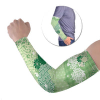 Green Palaka Japanese Patterns Arm Sleeves Asanoha Seigaiha Sakura Motif - Polynesian Pride