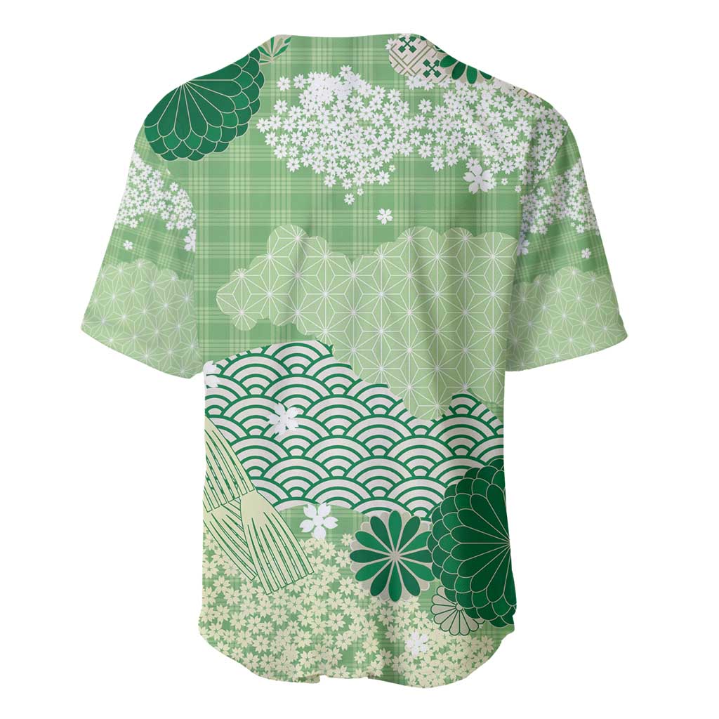 Green Palaka Japanese Patterns Baseball Jersey Asanoha Seigaiha Sakura Motif - Polynesian Pride