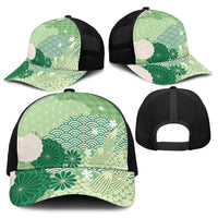 Green Japanese Traditional Motifs Baseball Net Cap Palaka With Asanoha Seigaiha Sakura - Polynesian Pride