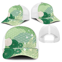 Green Japanese Traditional Motifs Baseball Net Cap Palaka With Asanoha Seigaiha Sakura - Polynesian Pride