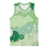 Green Palaka Japanese Patterns Basketball Jersey Asanoha Seigaiha Sakura Motif - Polynesian Pride