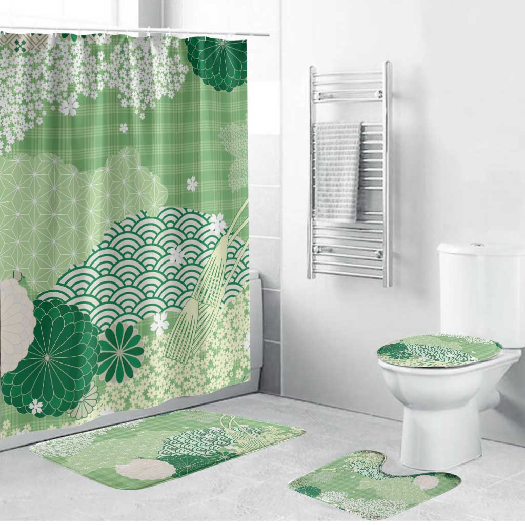Green Palaka Japanese Patterns Bathroom Set Asanoha Seigaiha Sakura Motif LT14 Bathroom Set (4 pcs) Green - Polynesian Pride