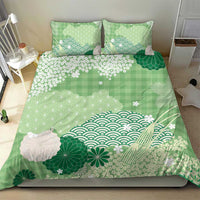 Green Palaka Japanese Patterns Bedding Set Asanoha Seigaiha Sakura Motif - Polynesian Pride