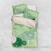 Green Palaka Japanese Patterns Bedding Set Asanoha Seigaiha Sakura Motif - Polynesian Pride