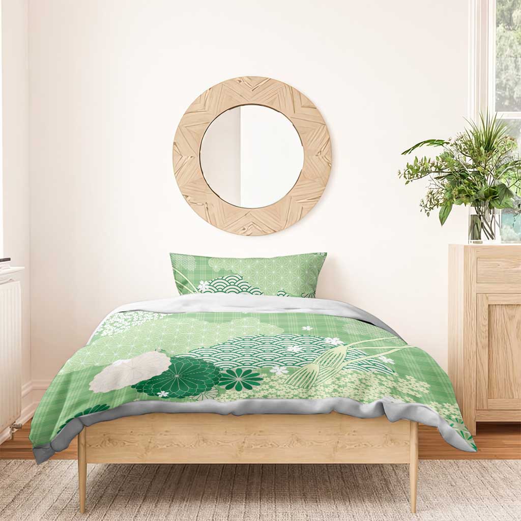 Green Palaka Japanese Patterns Bedding Set Asanoha Seigaiha Sakura Motif - Polynesian Pride